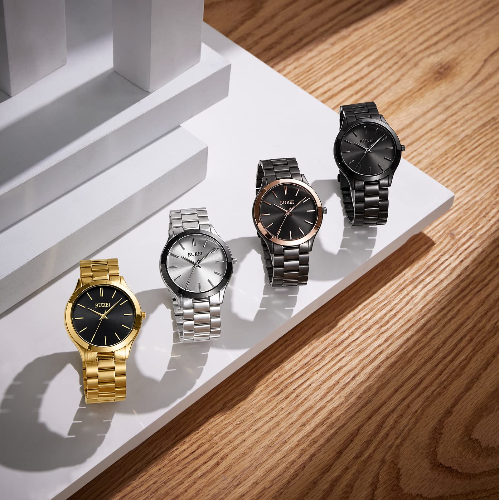 BUREI Men's Quartz Waterproof Analog Wrist Watch Men Watch, gold, Bracelet Type