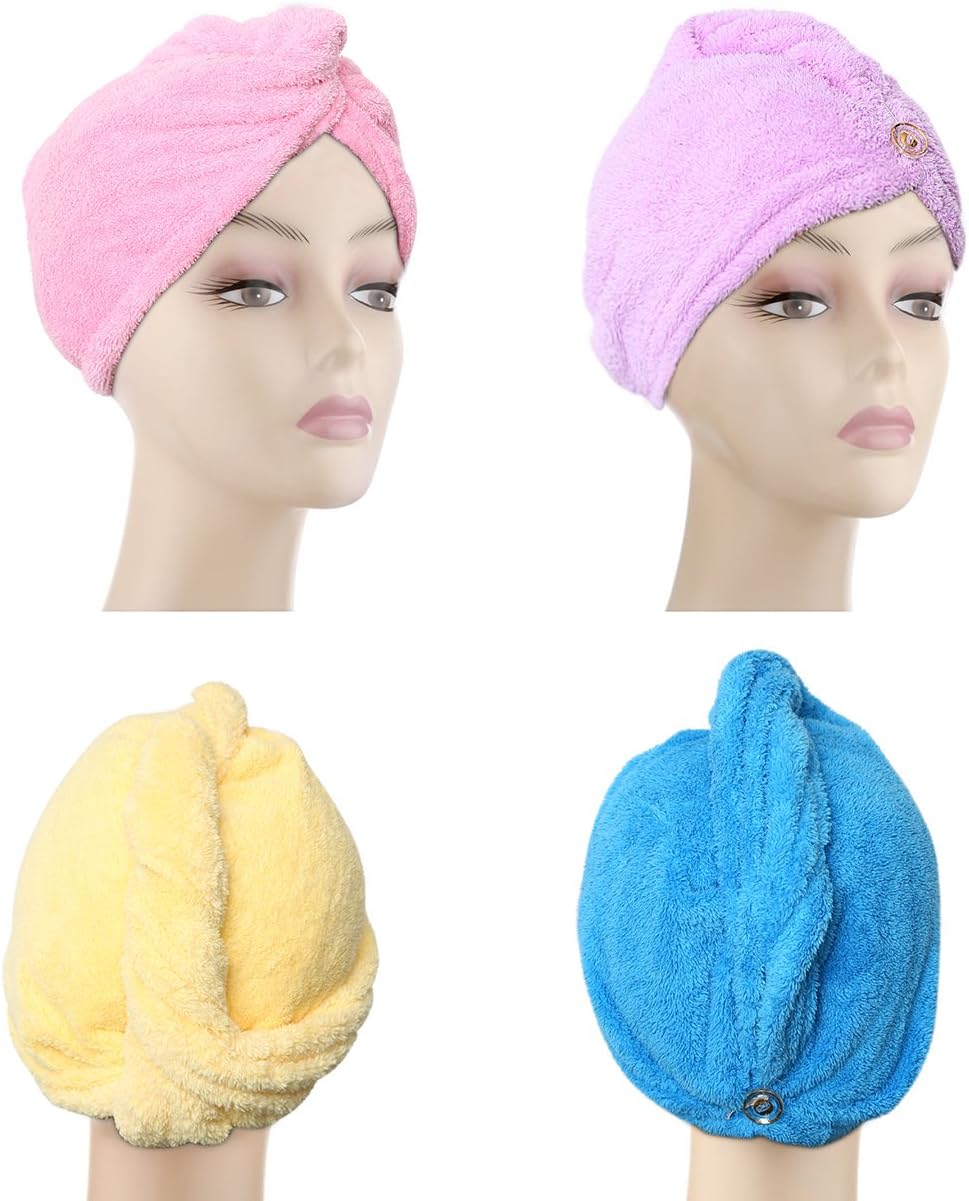 4 Pack Microfiber Hair Drying Towels, Fast Drying Hair Cap, Long Hair Wrap,Absorbent Twist Turban, Pink, Purple, Blue, Yellow
