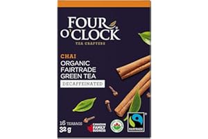 Four O'Clock Organic Fairtrade Chai Green Tea Decaffeinated, Non-Gmo, Kosher, Gluten-Free, 16 Count, 32g