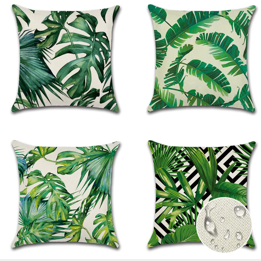 JOTOM Outdoor Waterproof Cushion Covers 45x45 cm Tropical Leaves Decorative Throw Pillow Covers Garden Patio Outdoor Cushions Pillow Cases for Couch Bench Sofa Indoor Decor Set of 4 (Tropical Plants)