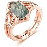 ITI KUOLOLIT Natural Moss Agate Gemstone Rings for Women Solid 925 Sterling Silver Rings for Women Trendy Hexagon Engagement Wedding Ring Gift