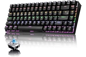 MANBASNAKE Mechanical Gaming Keyboard,Rainbow LED Backlit Bluetooth 5.0/Wireless 2.4G/Wired Keyboard with Rechargeable 3000mAh Battery Blue Switches Type-C USB Receiver for Windows Gaming PC (84 Keys,Black)