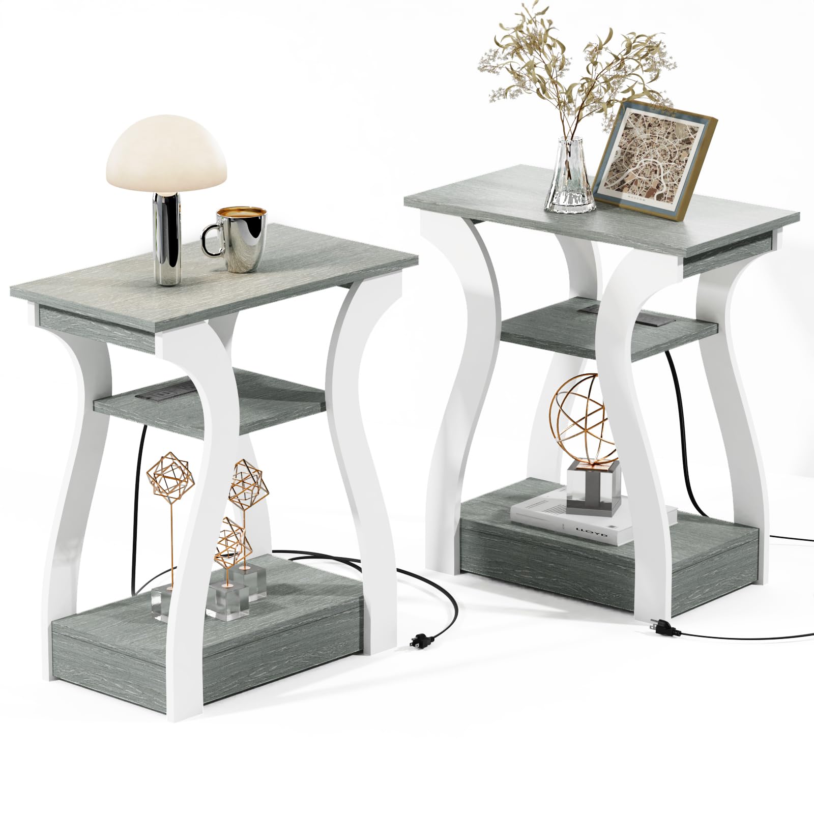 Photo 1 of *** PARTS ONLY *** FROMJBEST End Tables Living Room Set of 2,Grey End Table with Charging Station,Grey Side Table, Nightstand for Bedroom, 3 Tier End Table with Storage Shelf for Living Room
