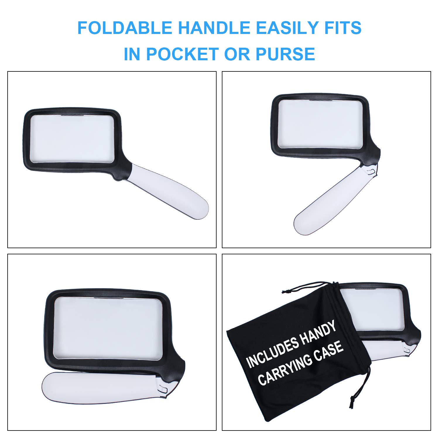 H+LUX Lighted Magnifying Glass 2X Large Handheld Reading Magnifier with 5 Dimmable LED Lights, Folding Handle, Rectangular Lens, Ideal for Seniors Reading, Low Vision, Macular Degeneration, Hobbyists
