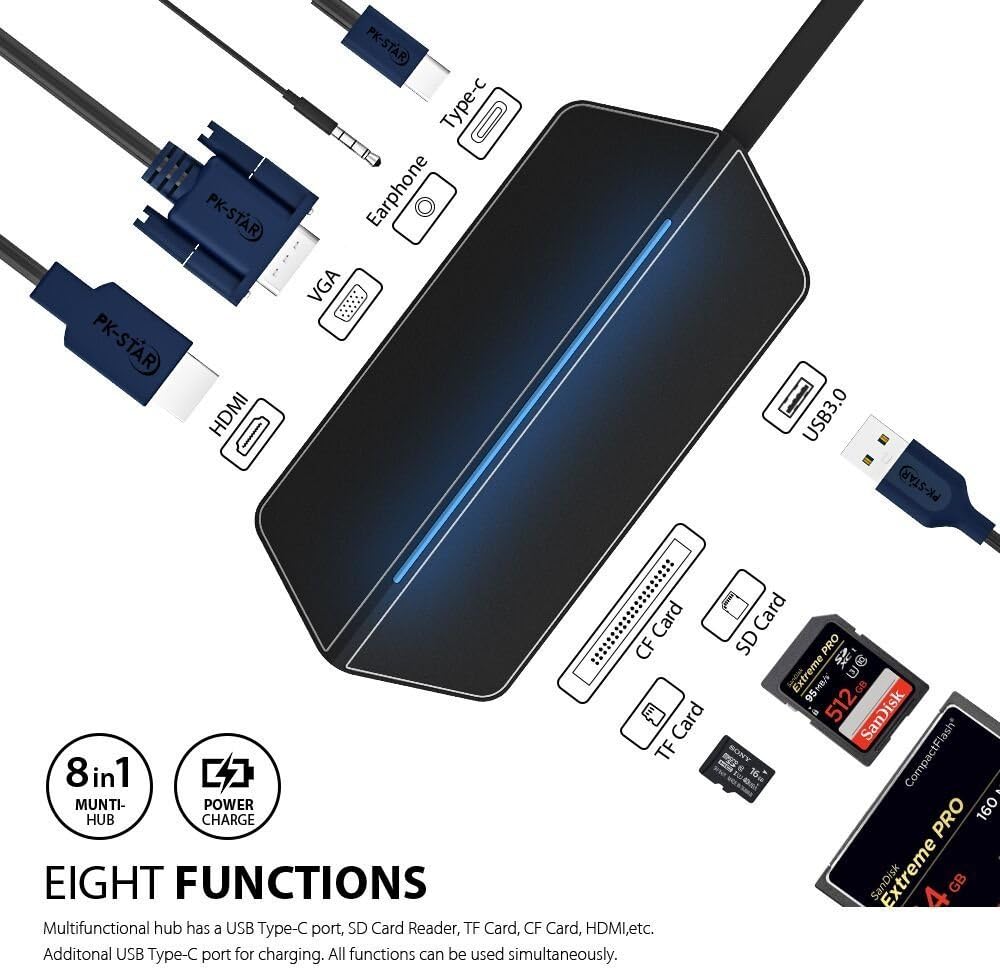 Sunteck Type-C Hub+ Adapter 8-in-1 + HDMI + VGA + USB 3.0 + USB Type C 3.0+ SD/MicroSD/CF Card Reader Multiports for…