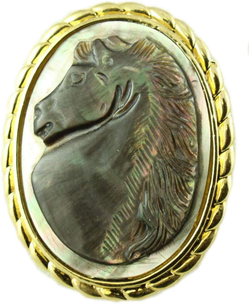 Abalone Shell Horse Cameo in Gold Frame Brooch Pin/Pendant