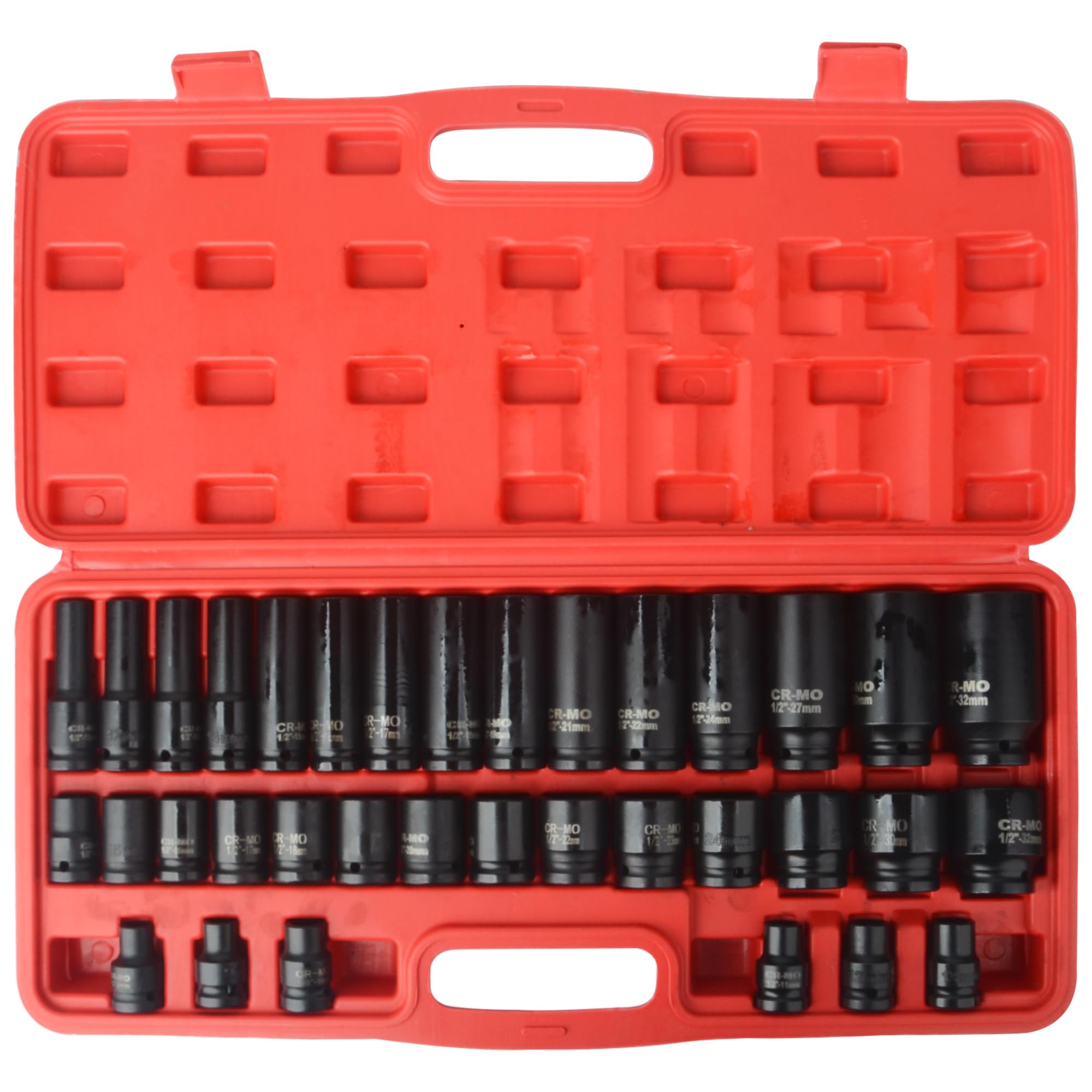 35pcs 1/2" Drive 6 Point 8-32mm Metric Deep Impact Socket Set Car Garage Tools
