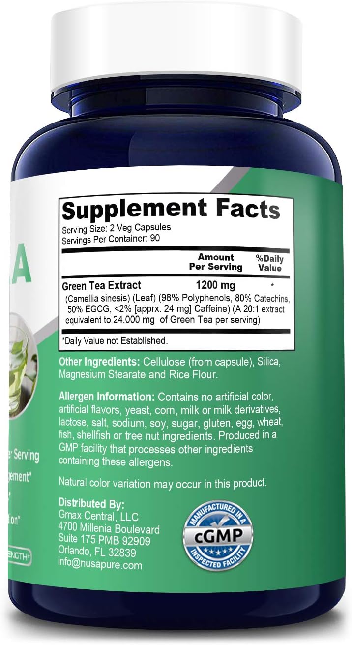 Green Tea Extract 98% 1200mg with EGCG 180 Vegetarian Capsules (Non-GMO & Gluten Free) Extract 20:1 Equivalent to 24000mg Green Tea Per Serving - Max Potency - Support Weight Loss & Metabolism Boost: Health & Personal Care