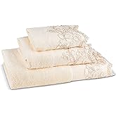 Zahari Home Rose Vine Bathroom Towel Set - 3 Piece Towel Set in Beige - Modern Decor, Unique Design