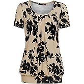 DJT Women's Short Sleeve Summer Tops Scoop Neck Pleated Front Casual Tee T Shirt