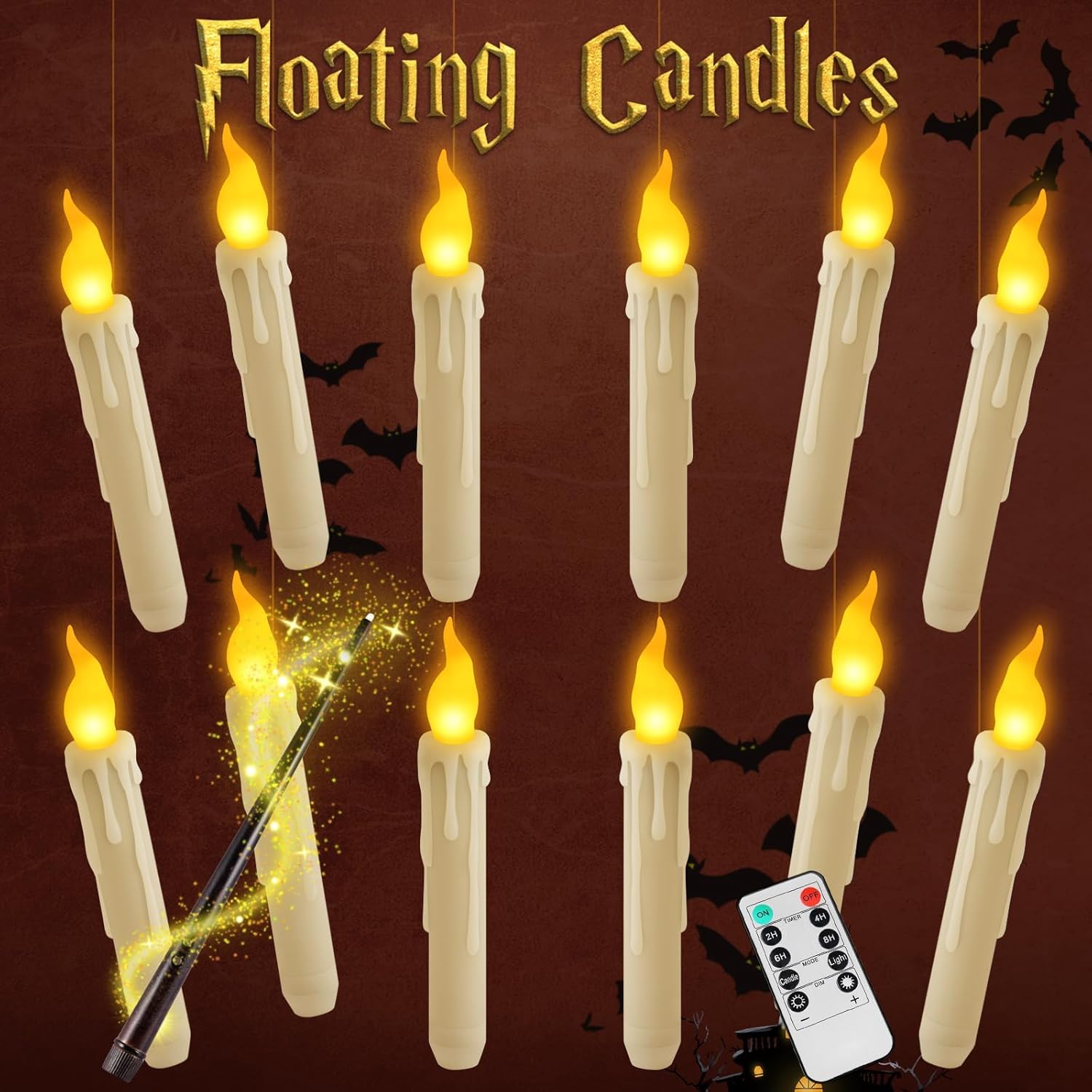 Candles & Holders - Qmioti Halloween Decoration - 12 Pack Floating Candles with Remote Control & Magic Wand Control, Christmas Decorations for Harry Potter, Party, Birthday, Wedding (White)
