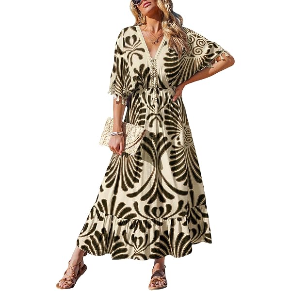 CUPSHE Women's Ruffle Beach Dress Paisley V Neck Short Sleeve