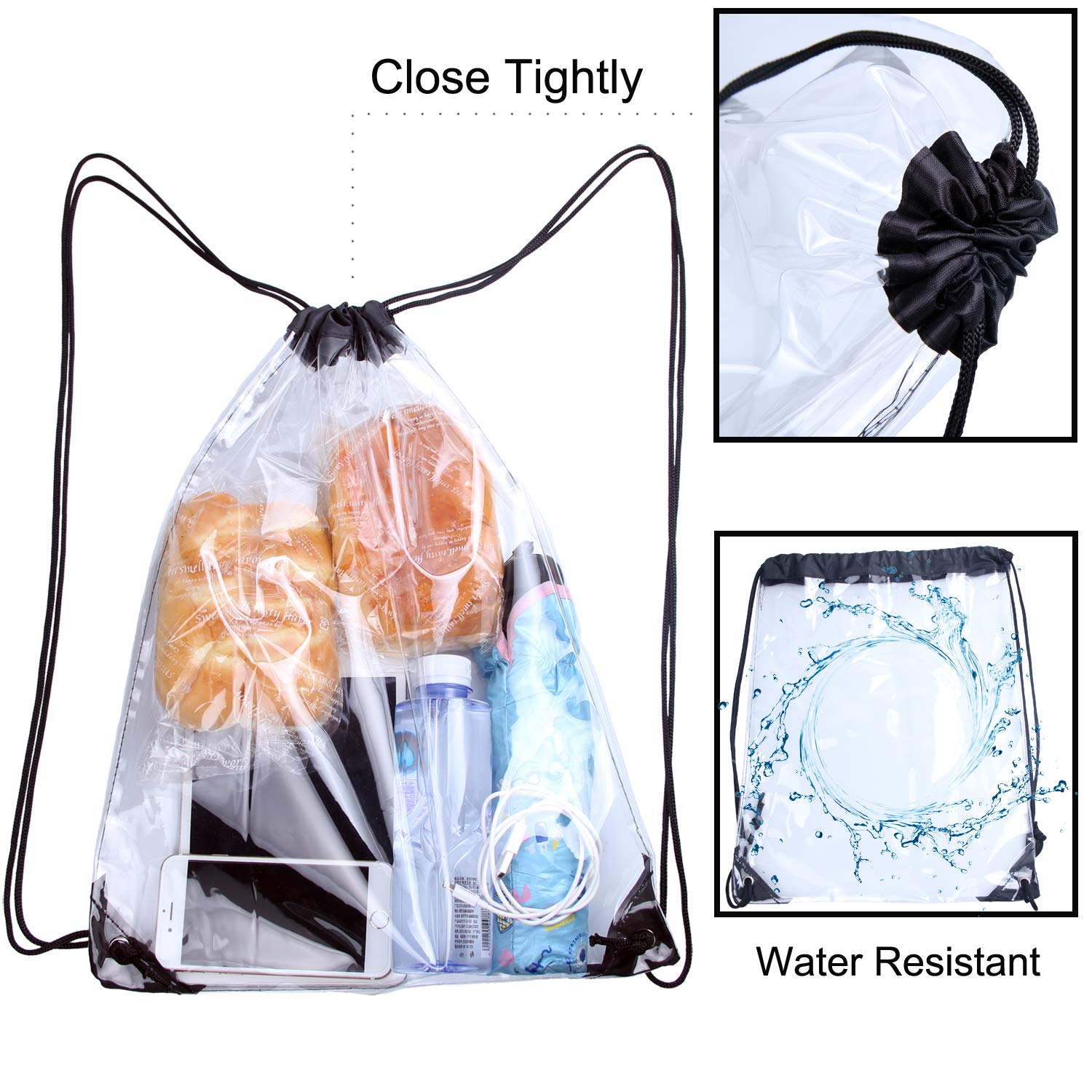 Clear Drawstring Bag Cinch String Pack Backpack Rucksack Shoulder Sack