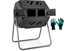 S AFSTAR Composter Tumbler Outdoor, 42-Gal Dual Chamber Tumbling Composter with 2 Sliding Doors, Metal Frame, BPA-Free Large 