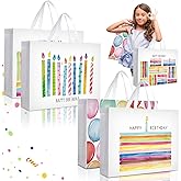 Pasimy 4 Pcs Extra Large Gift Bags Jumbo Non Woven Wrap Tote Bags with Handle for Goodies Present 20 x 16 Inch Reusable Happy Birthday Party Favor Supplies for Women Men (Birthday)
