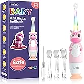 YUNCHI Toddler Electric Toothbrush Kids 0-3-6 Years, Baby Electric Toothbrush with Colorful LED Light, Battery Powered Toddler Toothbrush with 2 Minutes Timer 4 Brush Heads, Infant Toothbrush (Pink)