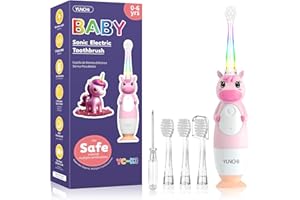 YUNCHI Toddler Electric Toothbrush Kids 0-3-6 Years, Baby Electric Toothbrush with Colorful LED Light, Battery Powered Toddler Toothbrush with 2 Minutes Timer 4 Brush Heads, Infant Toothbrush (Pink)