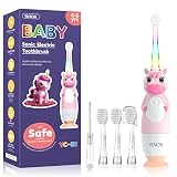 YUNCHI Toddler Electric Toothbrush Kids 0-3-6 Years, Baby Electric Toothbrush with Colorful LED Light, Battery Powered Toddler Toothbrush with 2 Minutes Timer 4 Brush Heads, Infant Toothbrush (Pink)