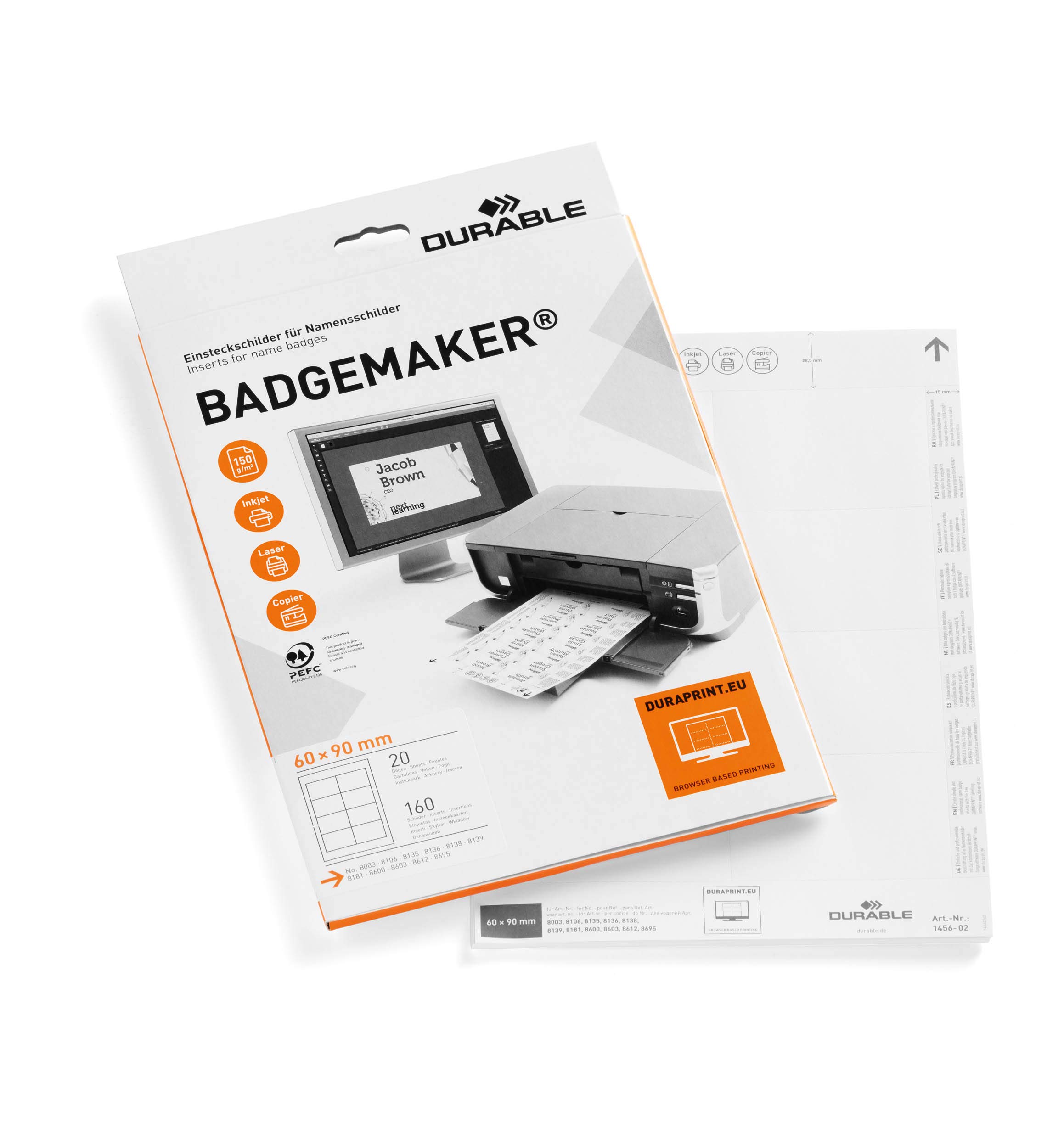 Durable BADGEMAKER Inserts 60 x 90 mm | Pack of 160 Inserts | Printable Name Badge Inserts | Create Professional Badges in Minutes, White