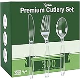 Zcaukya 300 Count Clear Plastic Silverware Set, 100 Forks, 100 Spoons, 100 Knives, Heavy Duty Disposable Cutlery Set Utensils Bulk for Parties, Events, Catering, Everyday Use