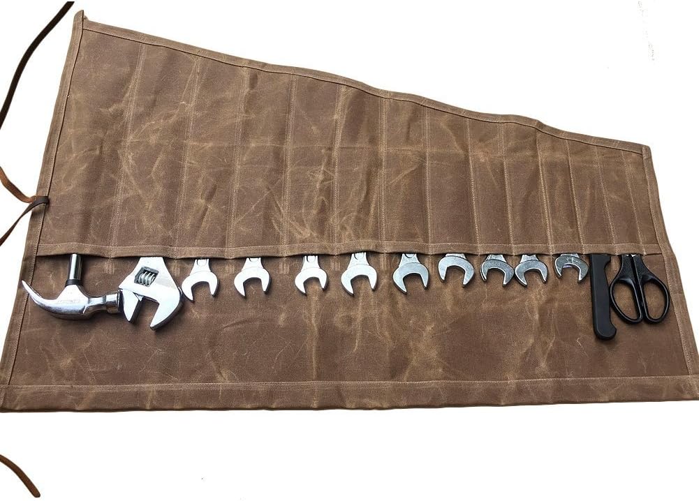 Tool Roll with 14 Pockets, Waxed Canvas Spanner Roll Bag, Tool Bag for