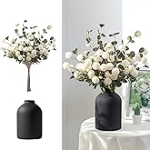 BLOSMON Fake Flowers in Vase for Centerpieces: Metal Vase with 12 Stems of Artificial Mums Kiku Flowers Eucalyptuses Home Table Decor - White Faux Pom Poms Floral Arrangements for Living Room