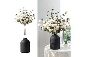 BLOSMON Fake Flowers in Vase for Centerpieces: Metal Vase with 12 Stems of Artificial Kiku Flowers Eucalyptuses Home Table De