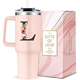 Gooddooes Monogrammed 40oz Tumbler with Handle for Women, Personalized Birthday Gifts for Women,Initial Cups for Woman Floral Letter L,Customized Gifts for Female Lady Gift for Mothers Day Christmas