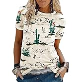 Western Cactus Shirt for Women Sunrise Desert Graphic Tee Tops Hiking Mountain Climbing Funny Short Sleeve T-Shirt