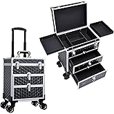 FRENESSA Professional Rolling Makeup Case Aluminum Trolley Train Case with 360° Swivel Wheels for Makuep Artist Travel Cosmetic Organizer with Sliding Drawers for Nail Tech Hairstylist Barber, Black