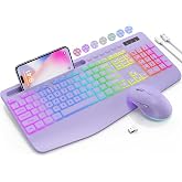 SABLUTE Wireless Keyboard and Mouse Combo, 9 Backlit Effects, RGB, 2.4GHz | Ergonomic Wrist Rest, Phone Holder, Rechargeable, Full Size, KM22 MAX Silent Set for Computer, Laptop, Mac, Windows (Purple)