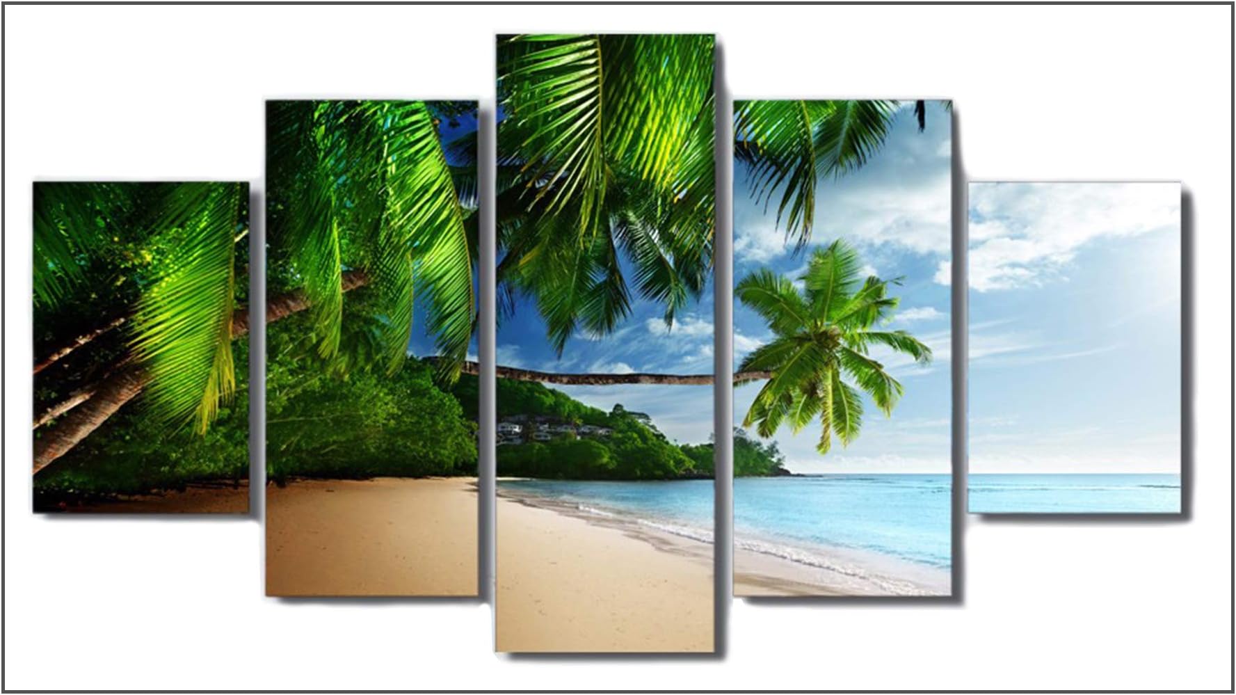 Kingshalor DIY 5D Diamond Painting by Number Kit, Full Drill Rhinestone Embroidery Cross Stitch Picture for Wall Decoration, 5 Sets of Splicing Painting (Beach Coconut Palm)
