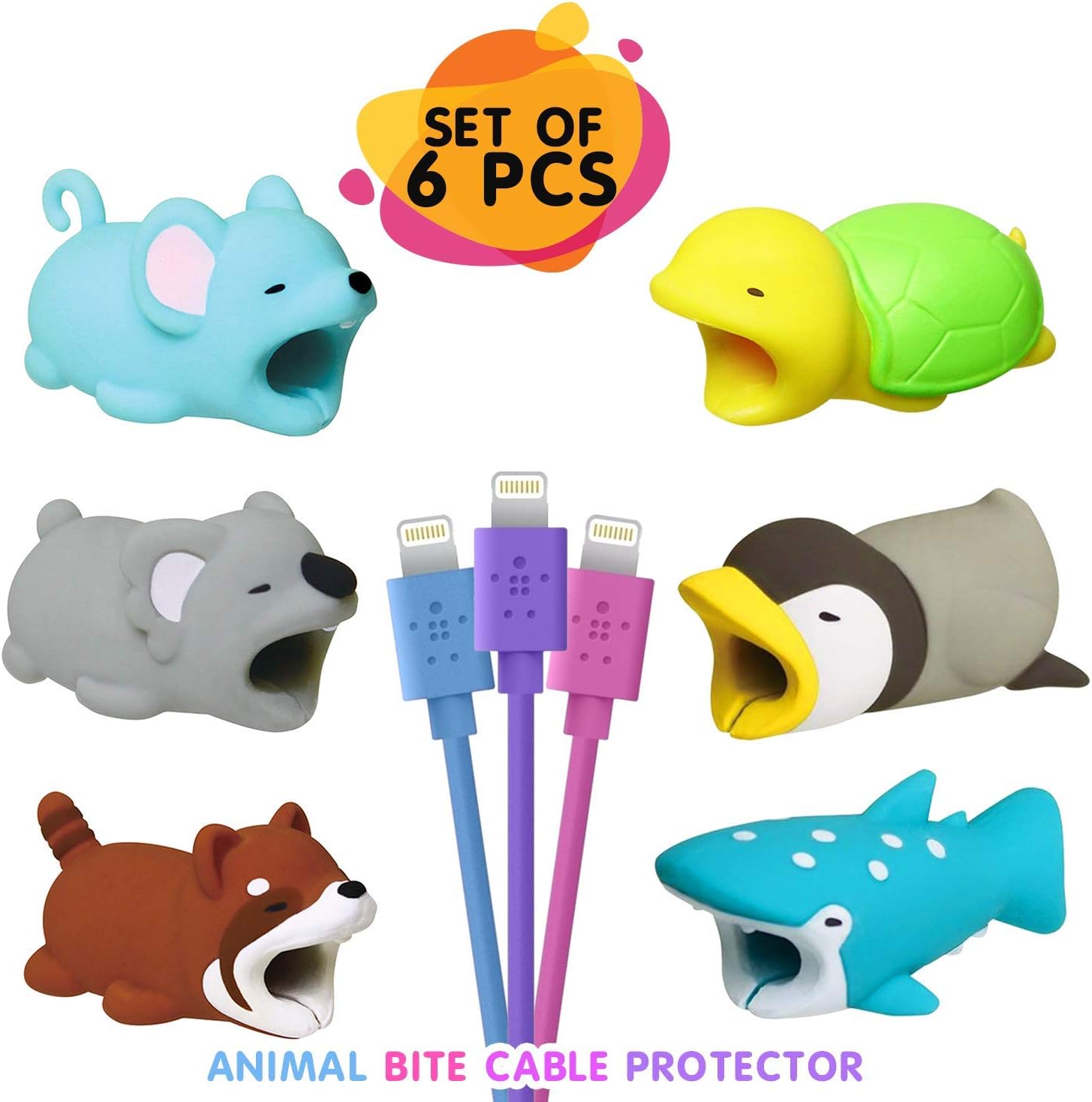 Animal Cable Bites 6 pcs. Cute Cable Biter Protector Compatible with iPhone, Samsung, Android, USB Type C. Cable Protector acessories