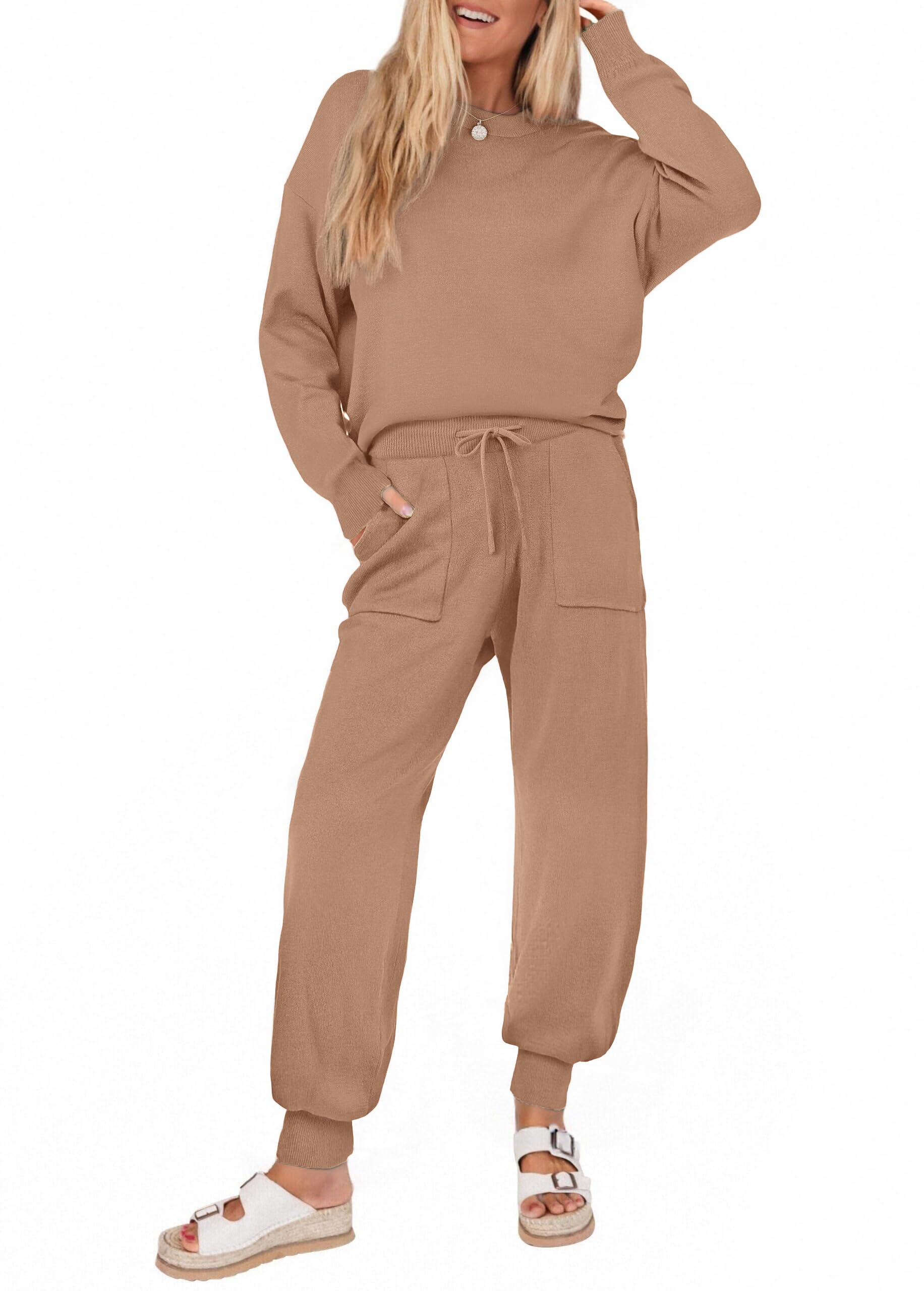 View 1 of **MINOR HOLE** Ekouaer Women's 2 Piece Lounge Set Long Sleeve Knit Pajamas Sweatsuit Jogger Pant Outfits With Pockets,Khaki,Medium
