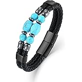 EJARY Mens Turquoise Bracelet Western Turquoise Bracelets for Men Black Leather Bracelet Lucky and Healing Protection Jewelry Gifts for Birthday Christmas, 8.27in/21cm