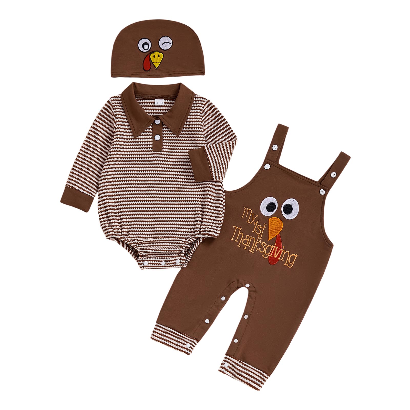 Photo 1 of **INCOMPLETE** BeQeuewll Baby Boy My First Thanksgiving Outfit Infant Polo Romper Turkey Embroidery Overalls Pants Set Newborn Thanksgiving (First Thanksgiving, 12-18 Months)