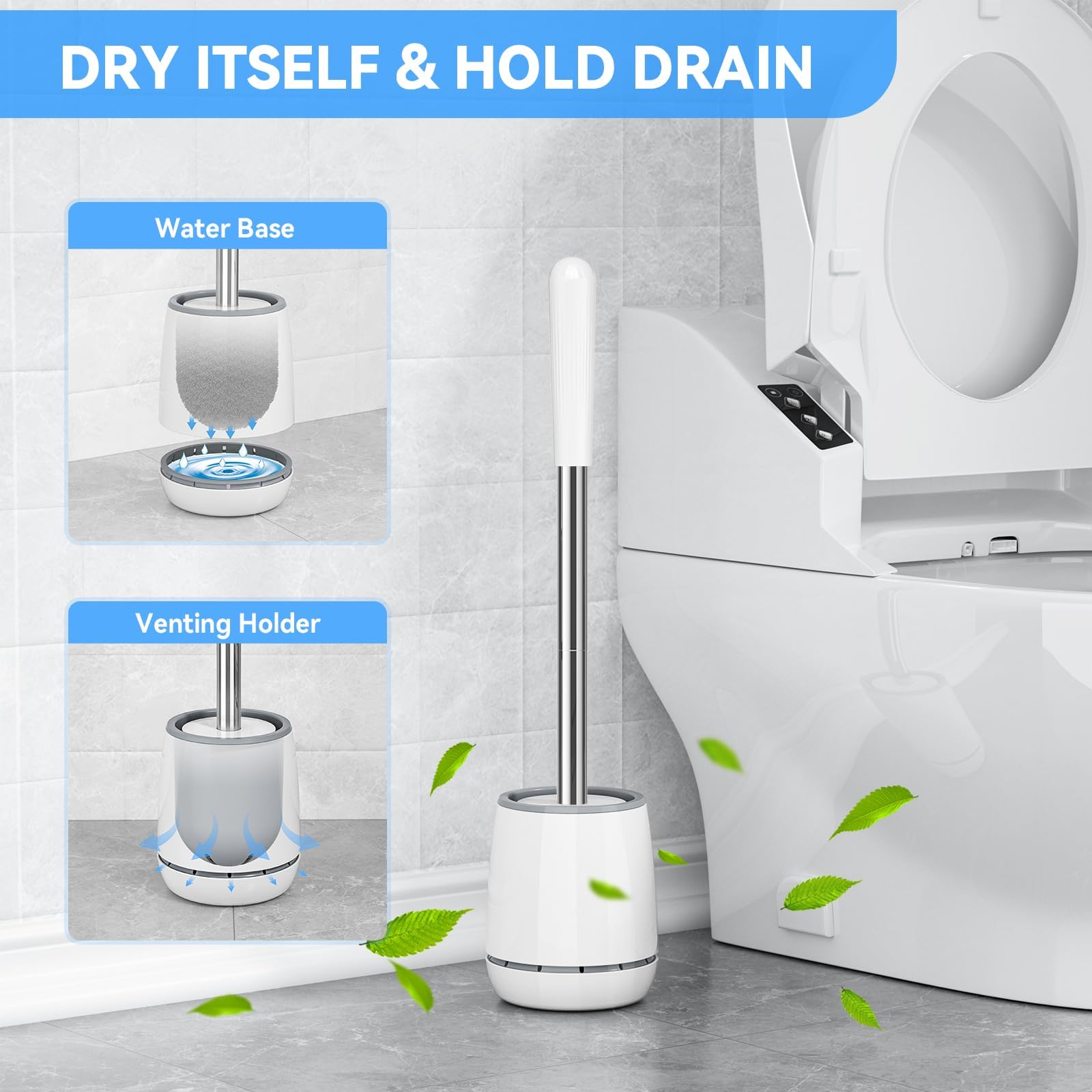 Toilet Brush, Toilet Brush and Holder with 304 Stainless Steel Handle, Space Saving Toilet Bowl Brush for Storage, Durable Bristles Toilet Scrubber for Bathroom Cleaning (1, White)