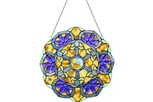 Karhuimoyi 12 Inch Round Stained Glass Window Panel Tiffany Style Ornament Handmade Flower Suncatchers for The Windows Or Wall,Purple and Yellow