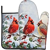 Vintage Winter Oven Mitts and Pot Holders Sets Classic Red Bird Prints Oven Mitts Heat Resistant Snow Tree Kitchen Gloves Hot Pads Two Piece Set for Cooking Baking Grilling BBQ