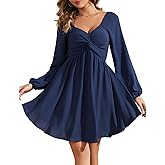 Florboom Women's Sweetheart Neckline Long Sleeve Sexy Mini Dresses Knot Front Chiffon Casual Flowy Dress (Navy Blue, XL)