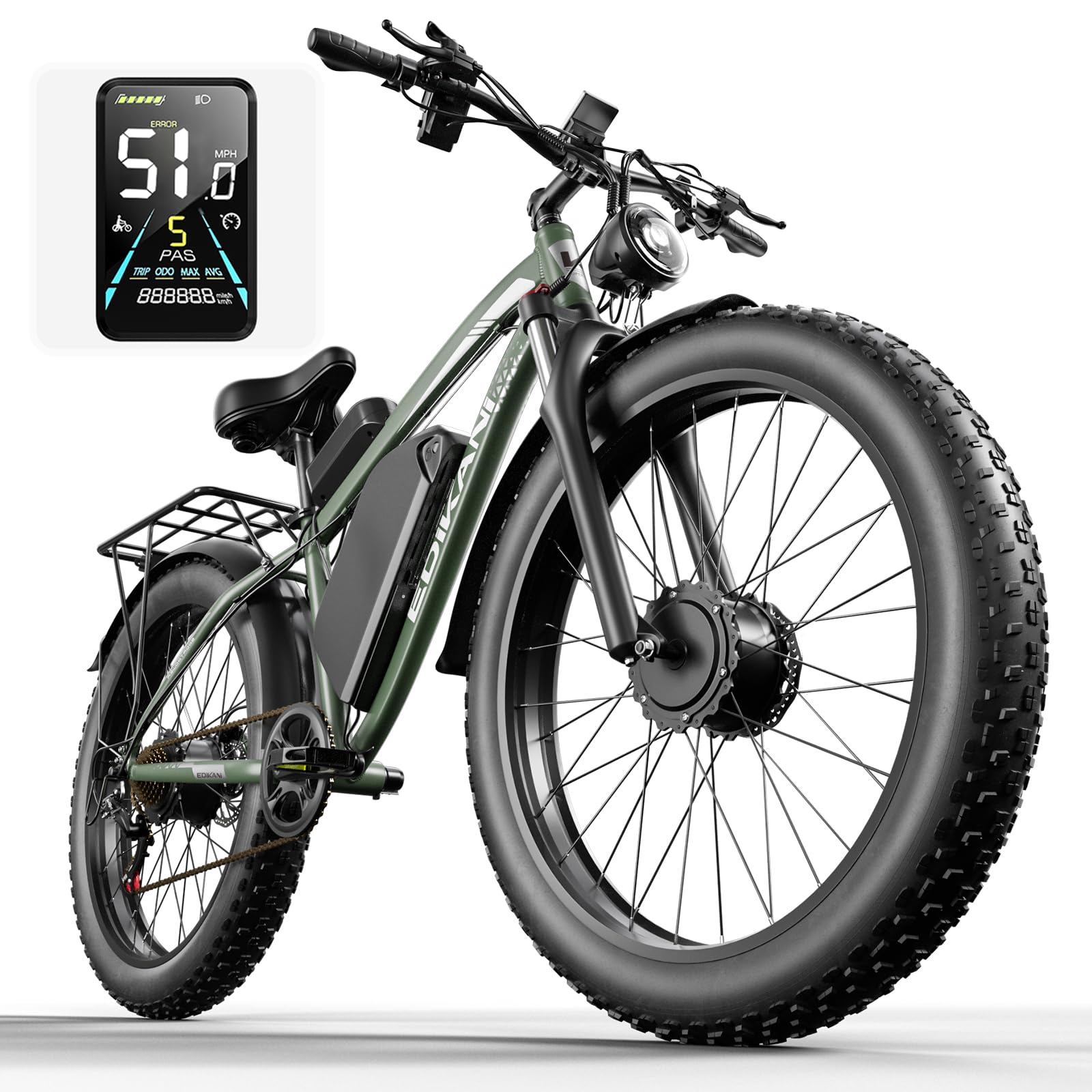 Electric Bike for Adult, 32Ah 52V Dual Motor Ebikes, Peak 5000W Electric Bike 51MPH Fastest Ebike, 130 Miles Electric Bicycle, 26" Fat Tire Mens E Bike, Hydraulic Disc Brake, Front Suspension 7 Speed