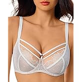 Sexy Lace Bras for Women See Through Unlined Underwire Push Up Bralettes Sheer with Dot Mesh Bra 34B-40E
