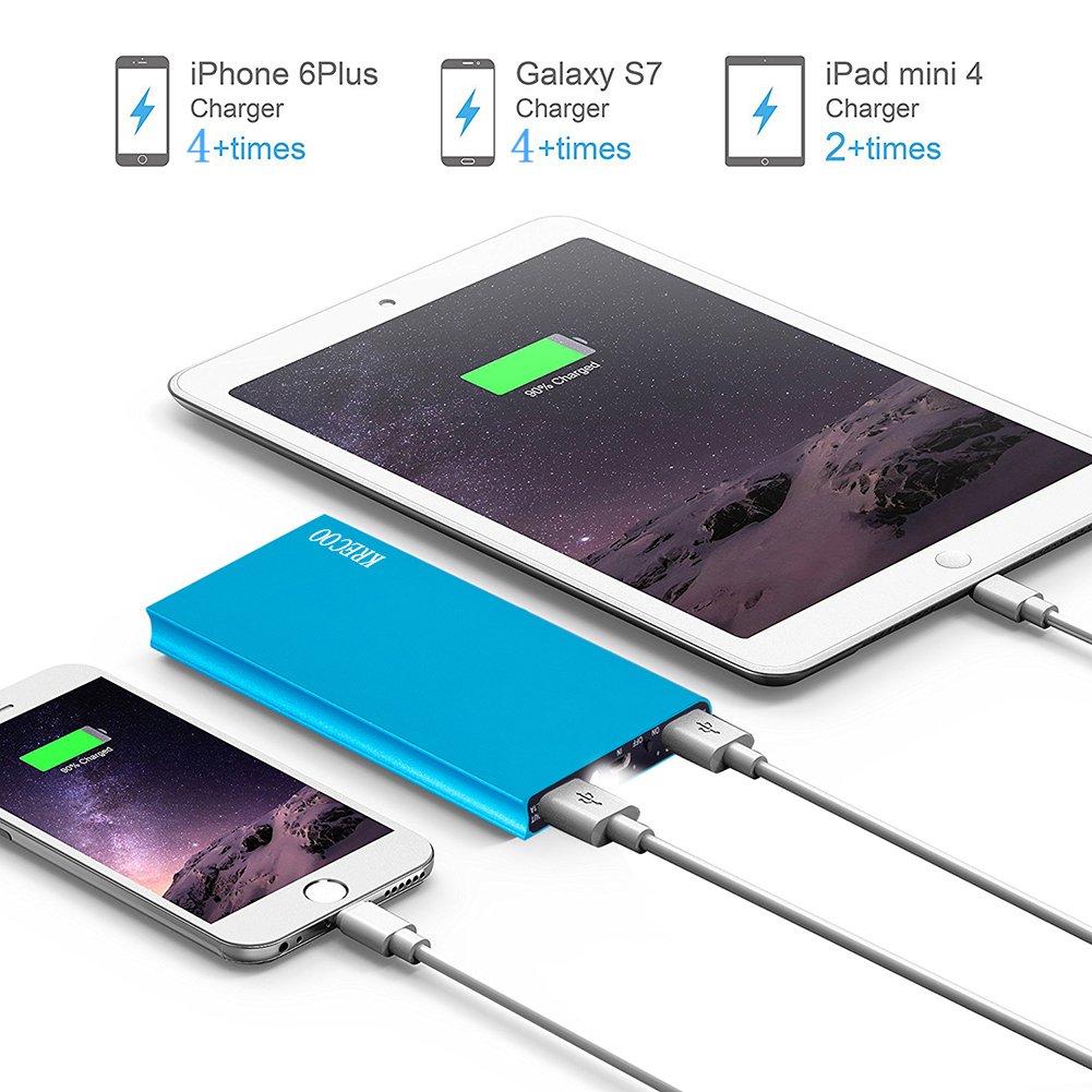 Krecoo 20000mAh Batteria Esterna Power Bank Portatile Custodia in Metallo Ultrasottile Torce a LED 2 Caricabatterie USB Compatibile con Tutti Genere Cellulari & Tablet PC, Dispositivi