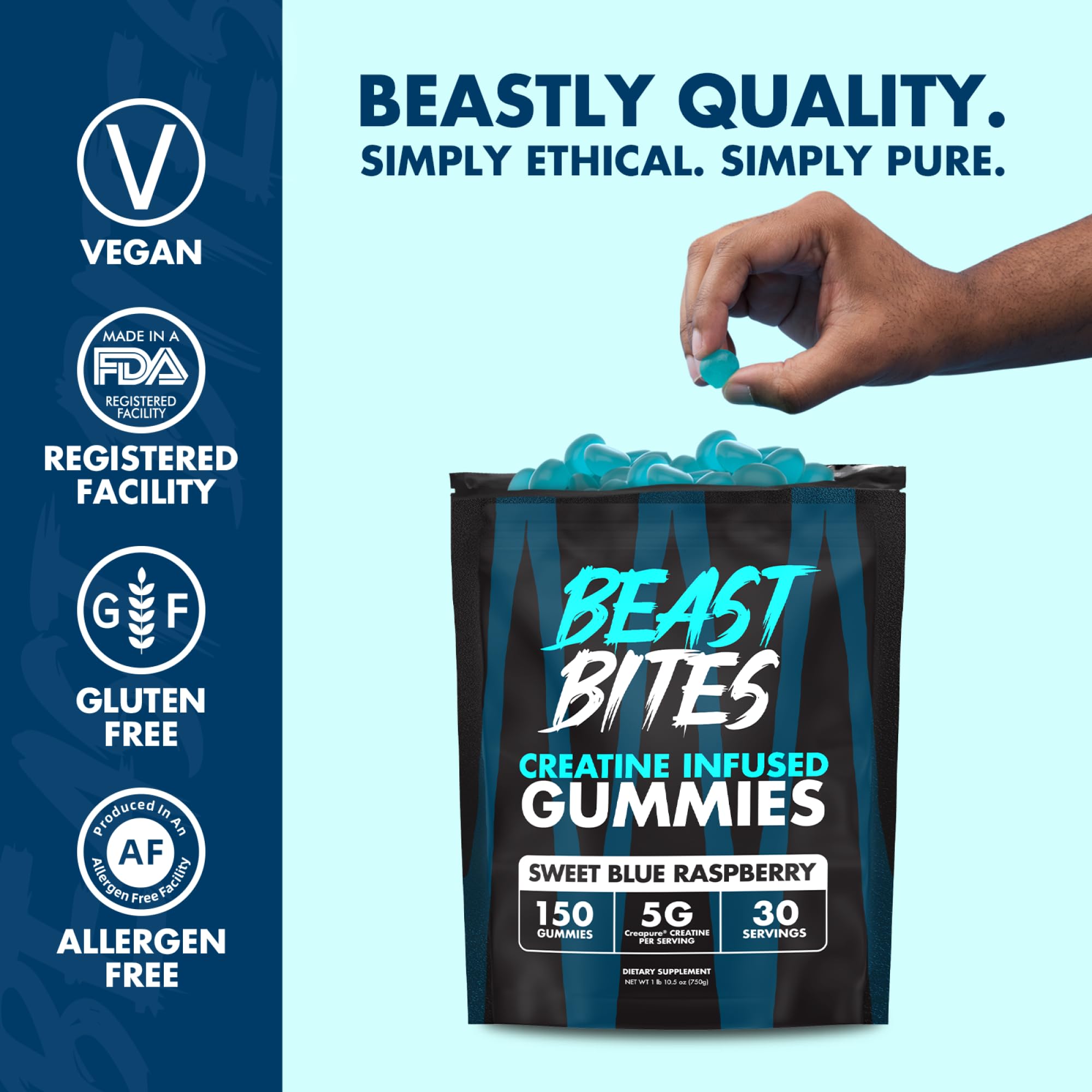 BEAST BITES Creatine Monohydrate Gummies - for Men and Women - 5g Creapure Creatine, Support Muscle Mass, Strength, and Cognitive Function - Made in USA - 150 Gummies - 30 Servings