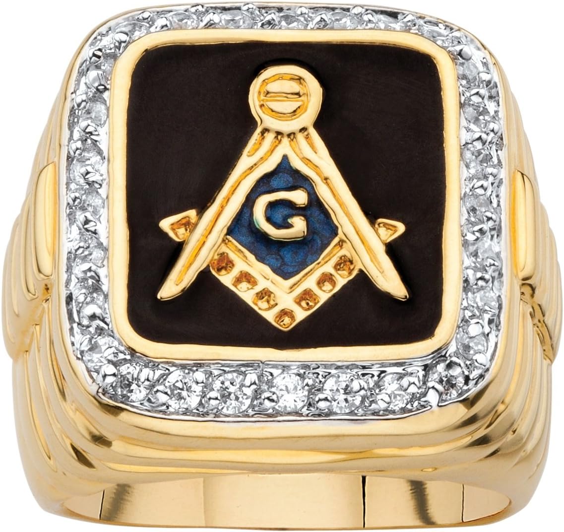 Palm Beach Jewelry Men's Black Enamel Cubic Zirconia 14k Yellow Gold-Plated Masonic Ring