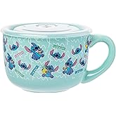 Silver Buffalo Disney Lilo and Stitch Snack and Food Pattern Ceramic Soup Mug with Vented Plastic Lid, 24 Ounces