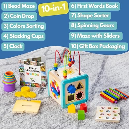 Pidoko Kids Wooden Baby Activity Cube for Toddlers 1-3