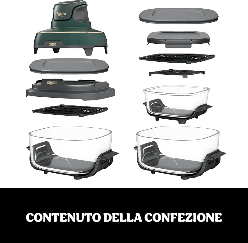 CRISPi Friggitrice ad aria portatile 4 in 1, 3,8L / 2,3L / 1,4 L, : frigge, arrostisce, mantiene caldo, dora, compatta, 6 porzioni, 3 contenitori in vetro con coperchi, 1700 W, verde, FN103EUGN — foto 3 di 8