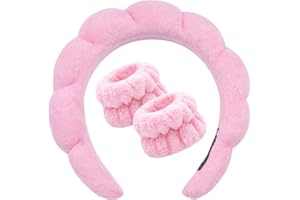 TULOBI Spa Headband for Washing Face Wristband Set, Sponge Terry Cloth Skincare Headband, Soft Puffy Makeup Headbands for Face Washing, Mask, Makeup Removal for Women Teen Girl Gifts (Pink)