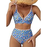Herseas Women's 2 Piece Floral Print Bikini Sets V Neck Stitch Swimsuits High Waisted Bathing Suit Beach Summer Swimwear